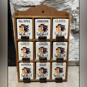Vintage Wall Mounted Wood and Ceramic Roosters Spice Rack
